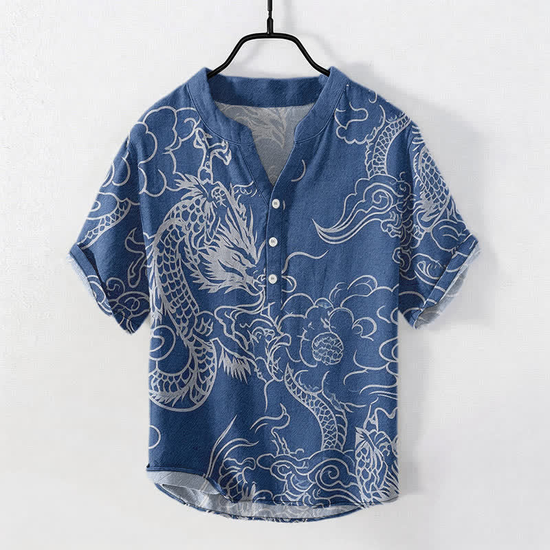 Nimara Ritual Cotton White Dragon Cloud Pattern Men's Short Sleeve Half Button Shirt