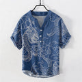 Nimara Ritual Cotton White Dragon Cloud Pattern Men's Short Sleeve Half Button Shirt