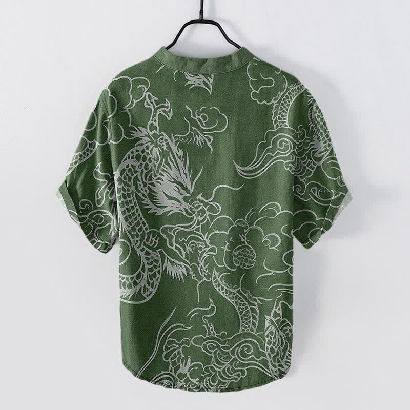 Nimara Ritual Cotton White Dragon Cloud Pattern Men's Short Sleeve Half Button Shirt