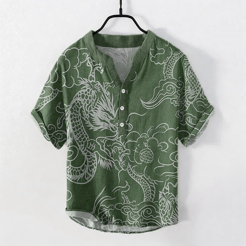 Nimara Ritual Cotton White Dragon Cloud Pattern Men's Short Sleeve Half Button Shirt