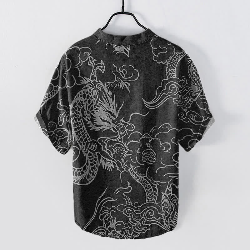 Nimara Ritual Cotton White Dragon Cloud Pattern Men's Short Sleeve Half Button Shirt