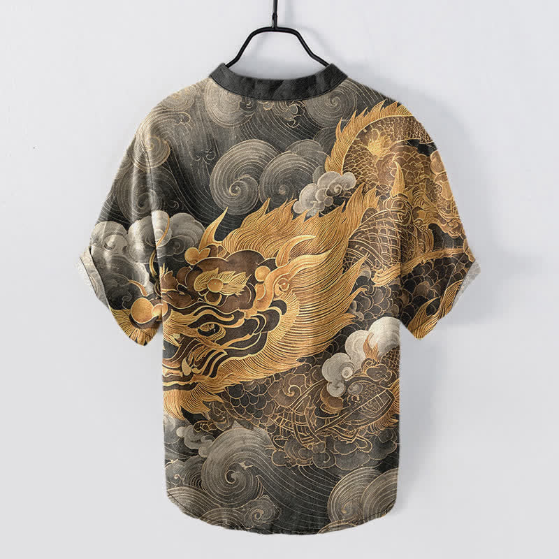 Nimara Ritual Cotton Golden Dragon Pattern Men's Short Sleeve Half Button Shirt