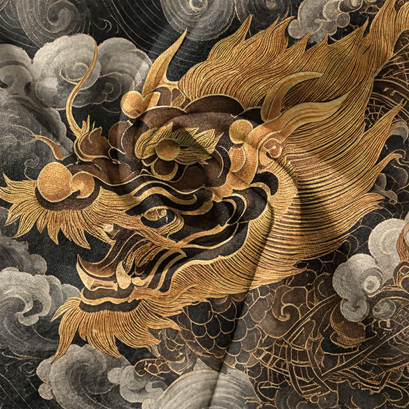 Nimara Ritual Cotton Golden Dragon Pattern Men's Short Sleeve Half Button Shirt