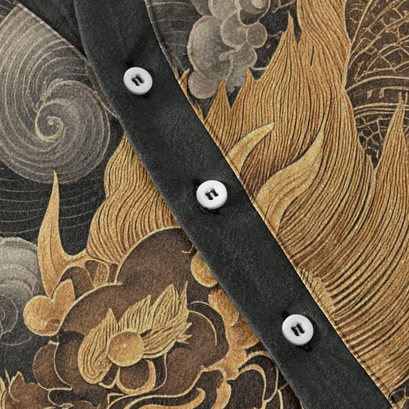 Nimara Ritual Cotton Golden Dragon Pattern Men's Short Sleeve Half Button Shirt