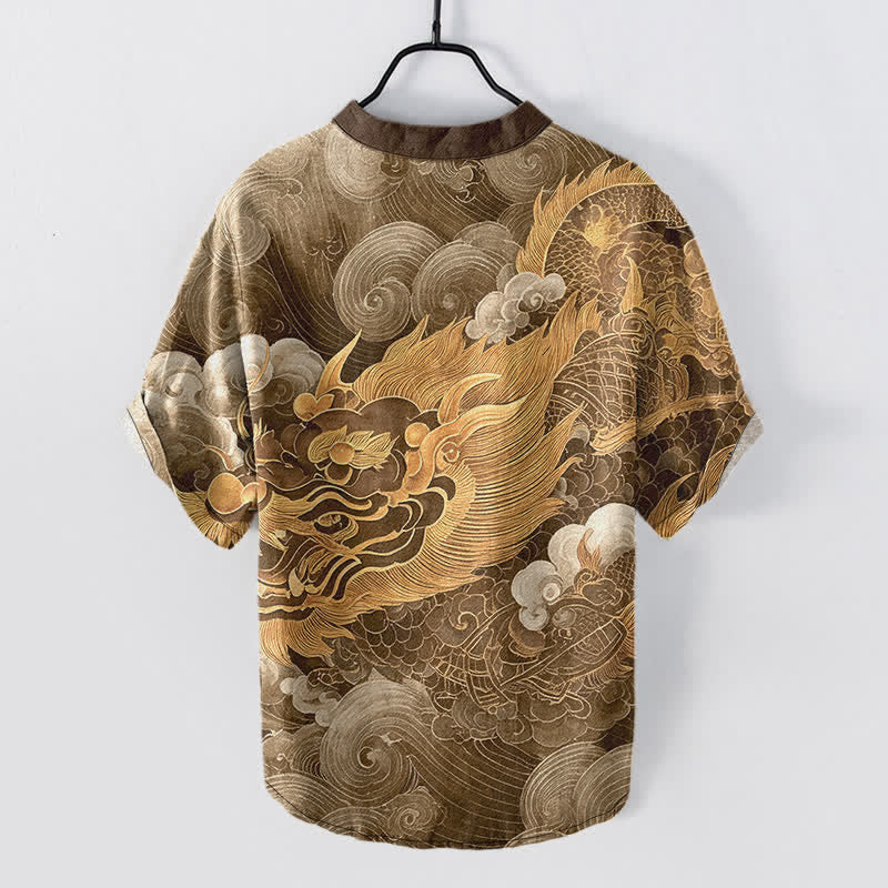 Nimara Ritual Cotton Golden Dragon Pattern Men's Short Sleeve Half Button Shirt
