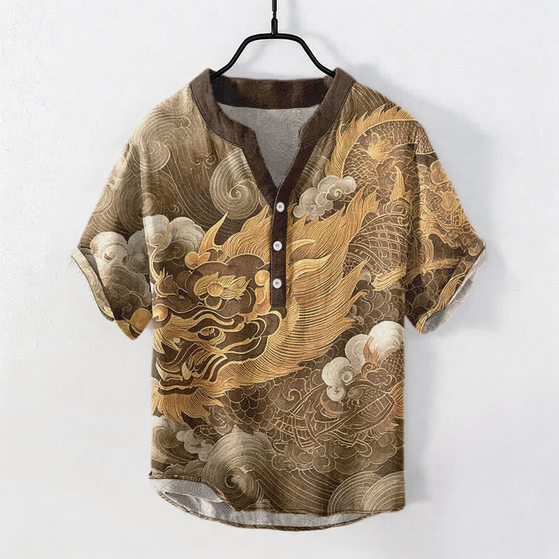 Nimara Ritual Cotton Golden Dragon Pattern Men's Short Sleeve Half Button Shirt