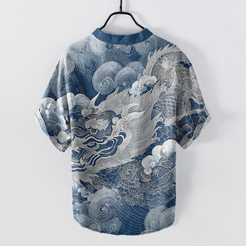 Nimara Ritual Cotton Golden Dragon Pattern Men's Short Sleeve Half Button Shirt