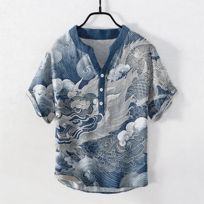 Nimara Ritual Cotton Golden Dragon Pattern Men's Short Sleeve Half Button Shirt