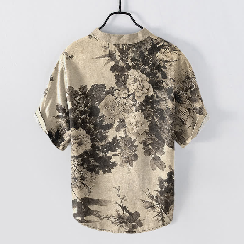 Nimara Ritual Cotton Ink Floral Pattern Men's Short Sleeve Half Button Shirt