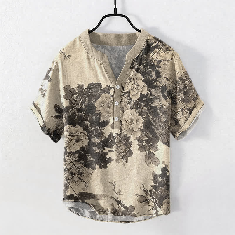 Nimara Ritual Cotton Ink Floral Pattern Men's Short Sleeve Half Button Shirt