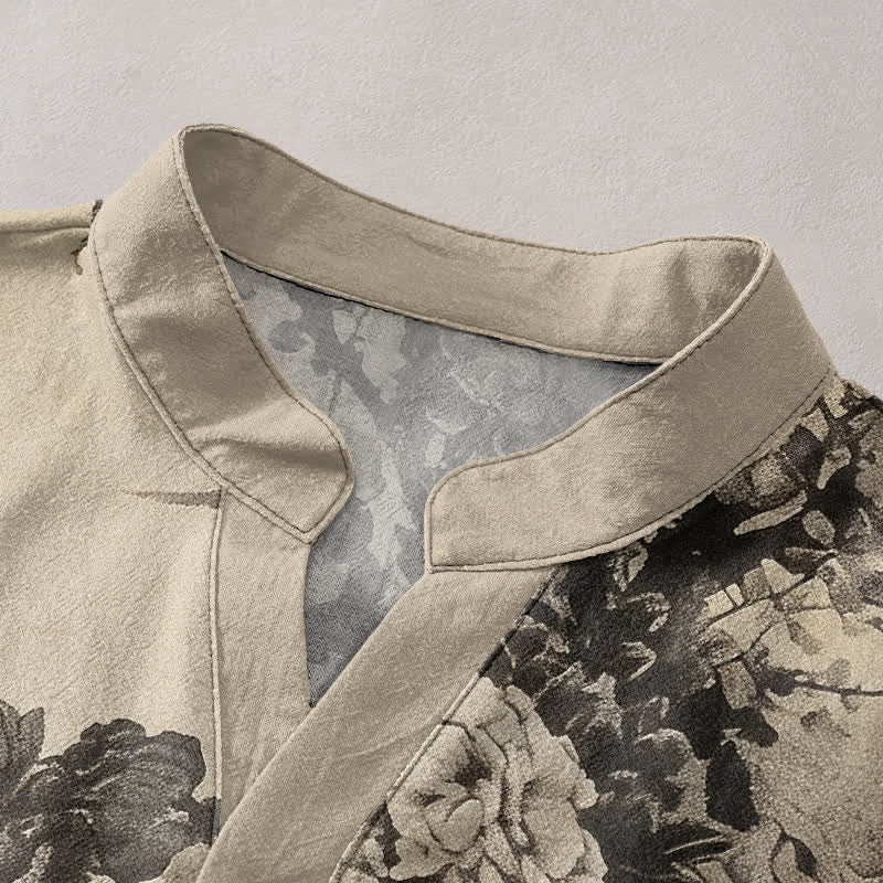 Nimara Ritual Cotton Ink Floral Pattern Men's Short Sleeve Half Button Shirt