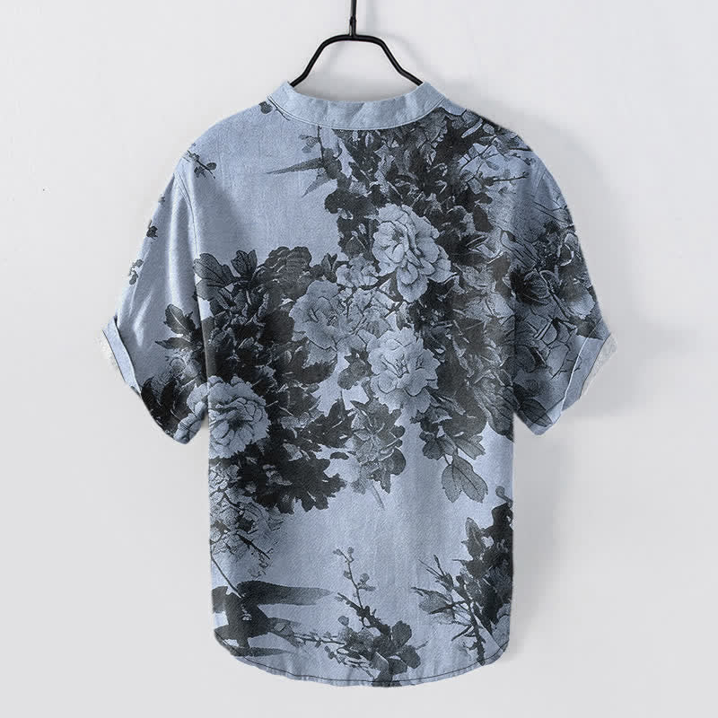 Nimara Ritual Cotton Ink Floral Pattern Men's Short Sleeve Half Button Shirt