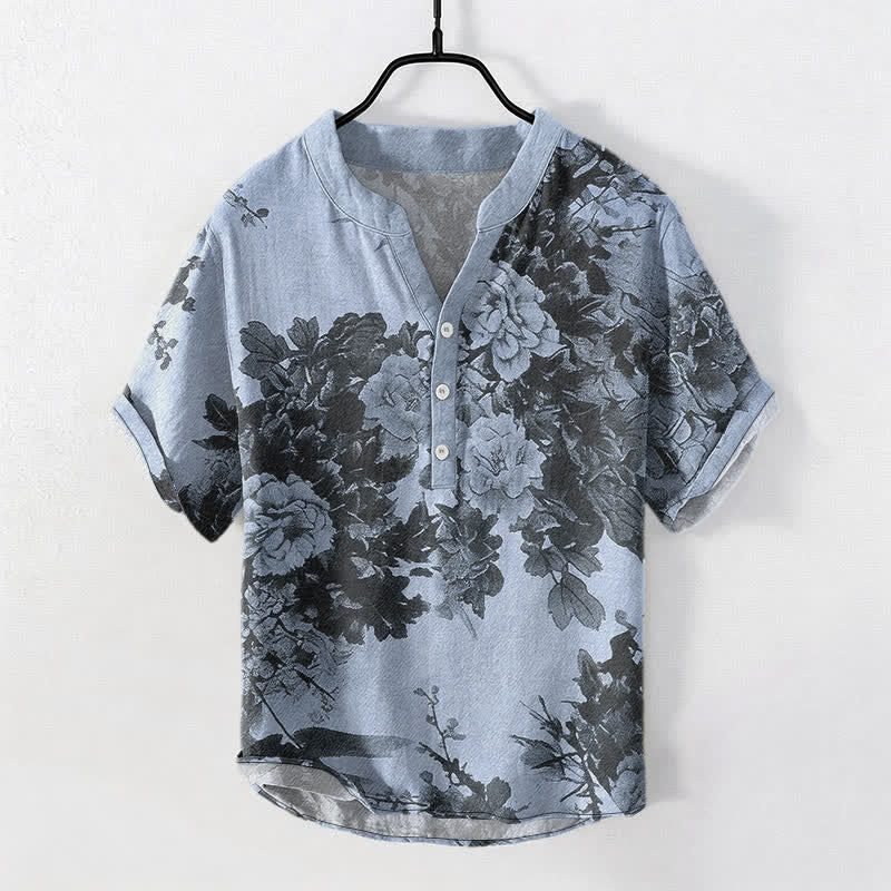 Nimara Ritual Cotton Ink Floral Pattern Men's Short Sleeve Half Button Shirt