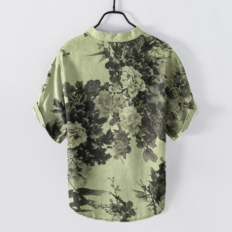 Nimara Ritual Cotton Ink Floral Pattern Men's Short Sleeve Half Button Shirt