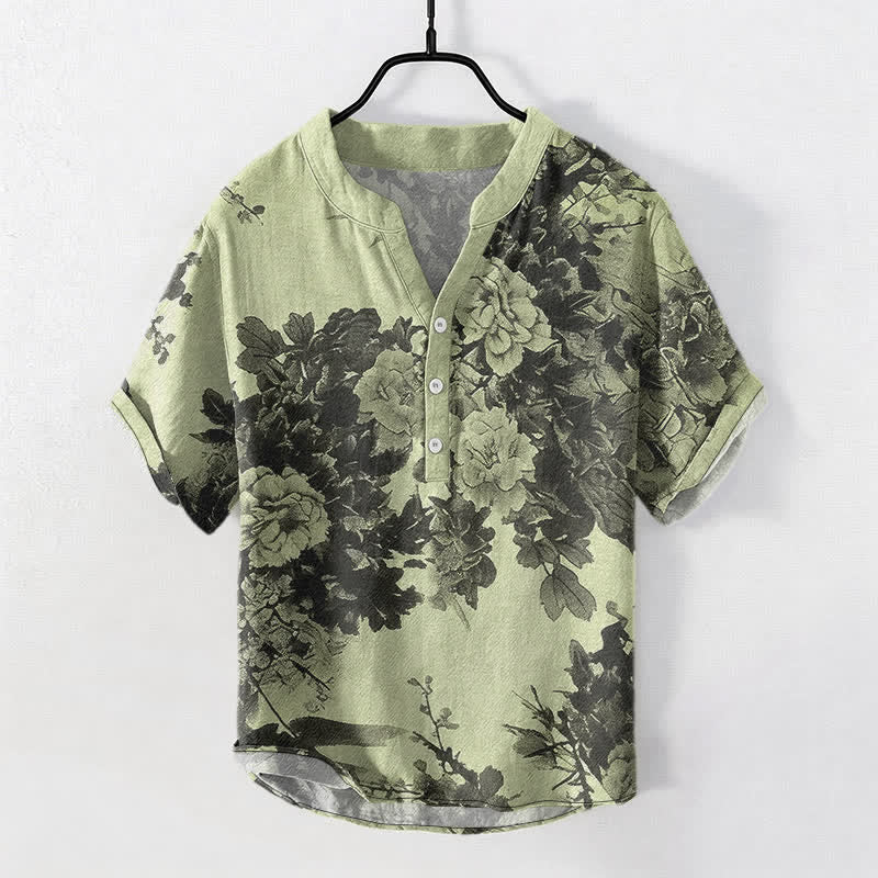 Nimara Ritual Cotton Ink Floral Pattern Men's Short Sleeve Half Button Shirt