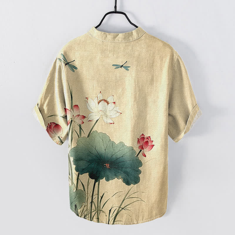 Nimara Ritual Cotton Lotus Dragonfly Pattern Men's Short Sleeve Half Button Shirt