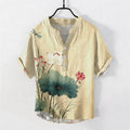 Nimara Ritual Cotton Lotus Dragonfly Pattern Men's Short Sleeve Half Button Shirt