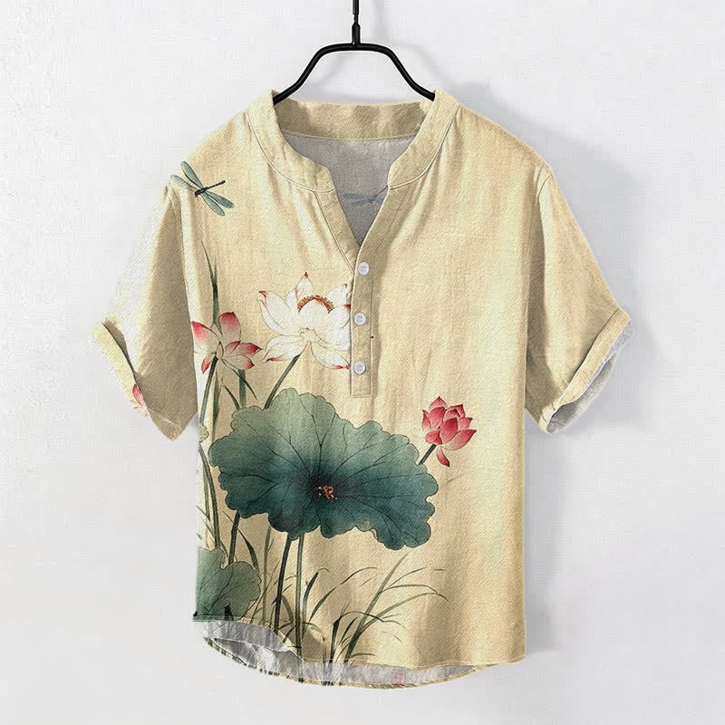 Nimara Ritual Cotton Lotus Dragonfly Pattern Men's Short Sleeve Half Button Shirt