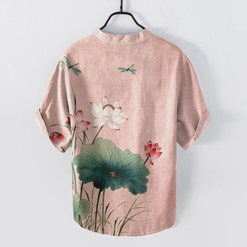 Nimara Ritual Cotton Lotus Dragonfly Pattern Men's Short Sleeve Half Button Shirt