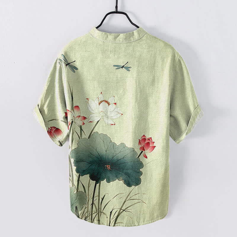 Nimara Ritual Cotton Lotus Dragonfly Pattern Men's Short Sleeve Half Button Shirt