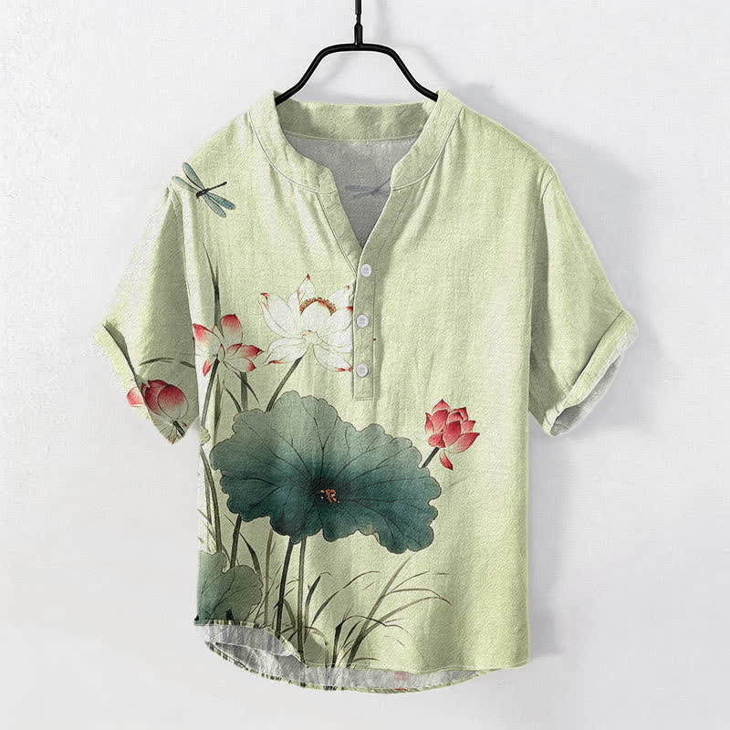 Nimara Ritual Cotton Lotus Dragonfly Pattern Men's Short Sleeve Half Button Shirt
