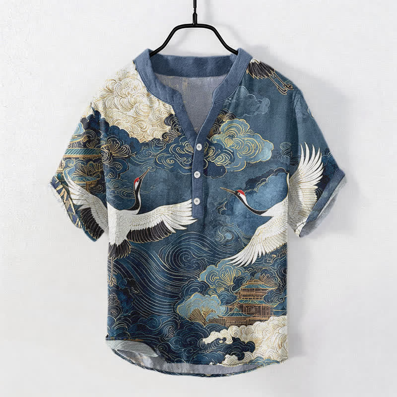 Nimara Ritual Cotton Crane Cloud Pattern Men's Short Sleeve Half Button Shirt