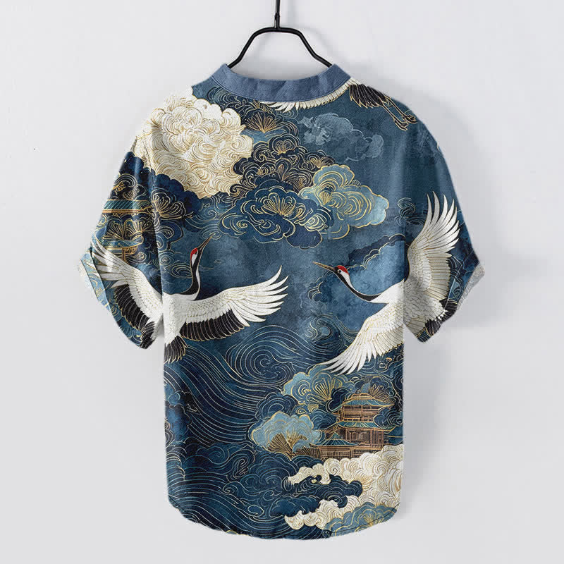 Nimara Ritual Cotton Crane Cloud Pattern Men's Short Sleeve Half Button Shirt