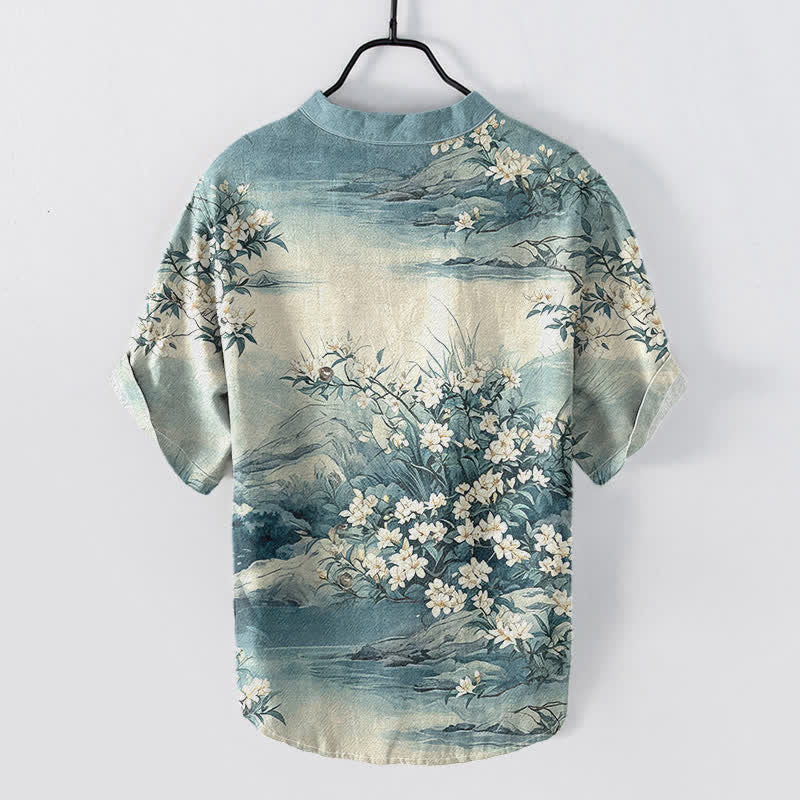 Nimara Ritual Cotton Landscape Floral Pattern Men's Short Sleeve Half Button Shirt