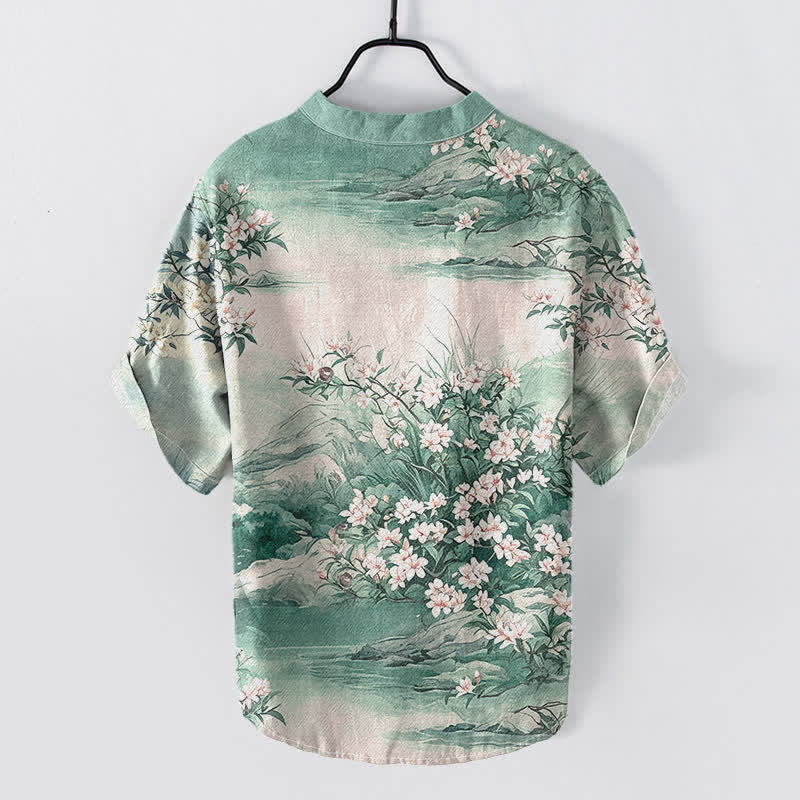 Nimara Ritual Cotton Landscape Floral Pattern Men's Short Sleeve Half Button Shirt