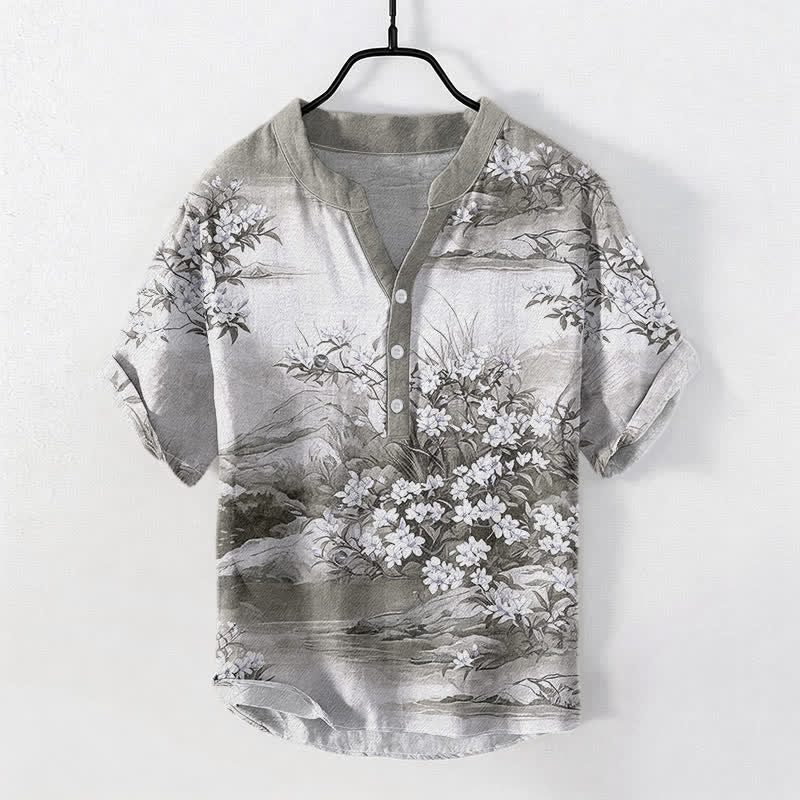 Nimara Ritual Cotton Landscape Floral Pattern Men's Short Sleeve Half Button Shirt
