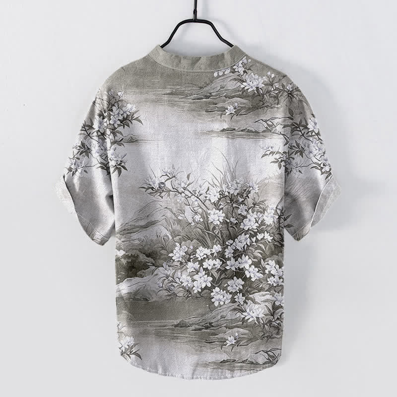 Nimara Ritual Cotton Landscape Floral Pattern Men's Short Sleeve Half Button Shirt