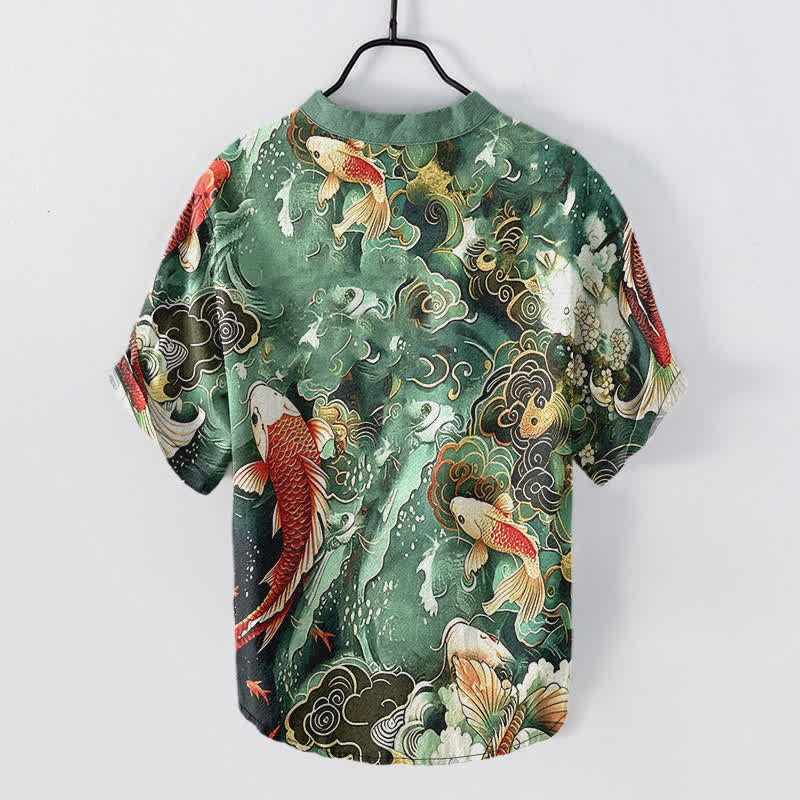 Nimara Ritual Cotton Koi Fish Wave Pattern Men's Short Sleeve Half Button Shirt