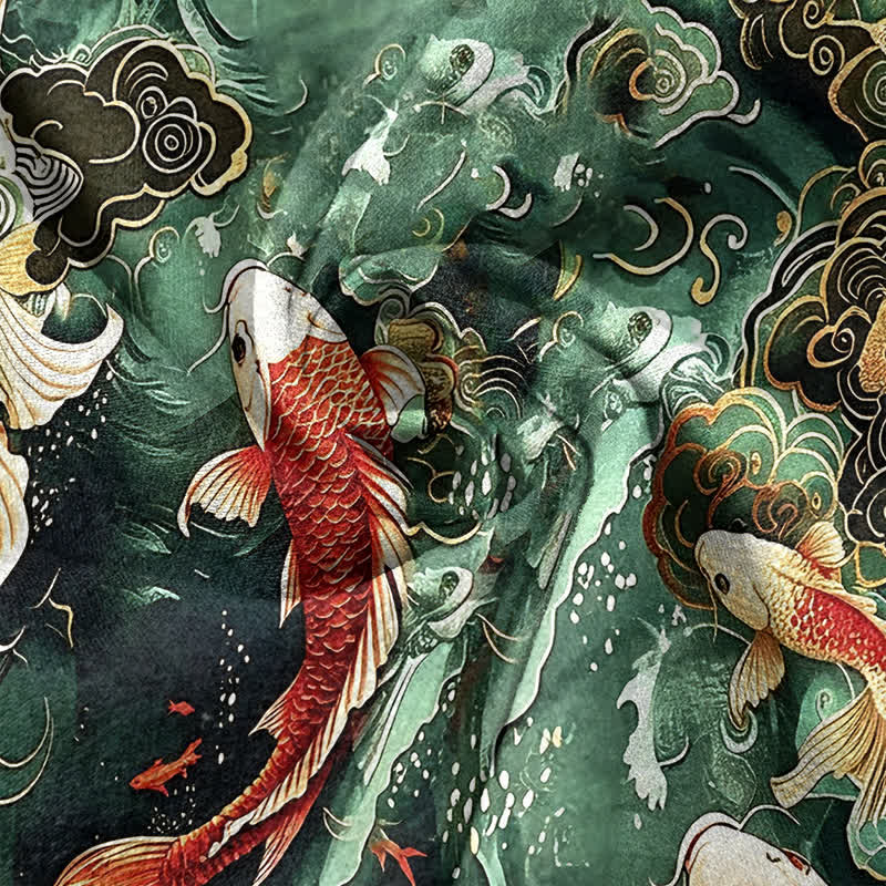 Nimara Ritual Cotton Koi Fish Wave Pattern Men's Short Sleeve Half Button Shirt