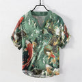 Nimara Ritual Cotton Koi Fish Wave Pattern Men's Short Sleeve Half Button Shirt
