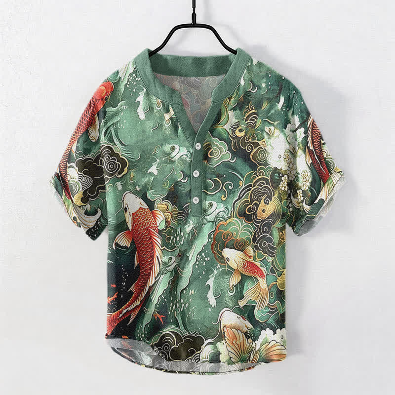 Nimara Ritual Cotton Koi Fish Wave Pattern Men's Short Sleeve Half Button Shirt