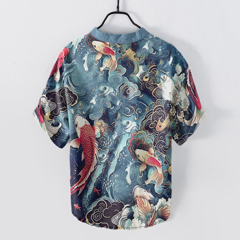 Nimara Ritual Cotton Koi Fish Wave Pattern Men's Short Sleeve Half Button Shirt