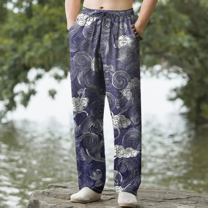 Nimara Ritual Cotton Cloud Wave Pattern Men's Tapered Pants With Pockets