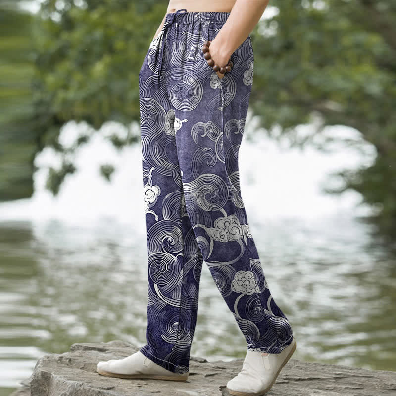 Nimara Ritual Cotton Cloud Wave Pattern Men's Tapered Pants With Pockets