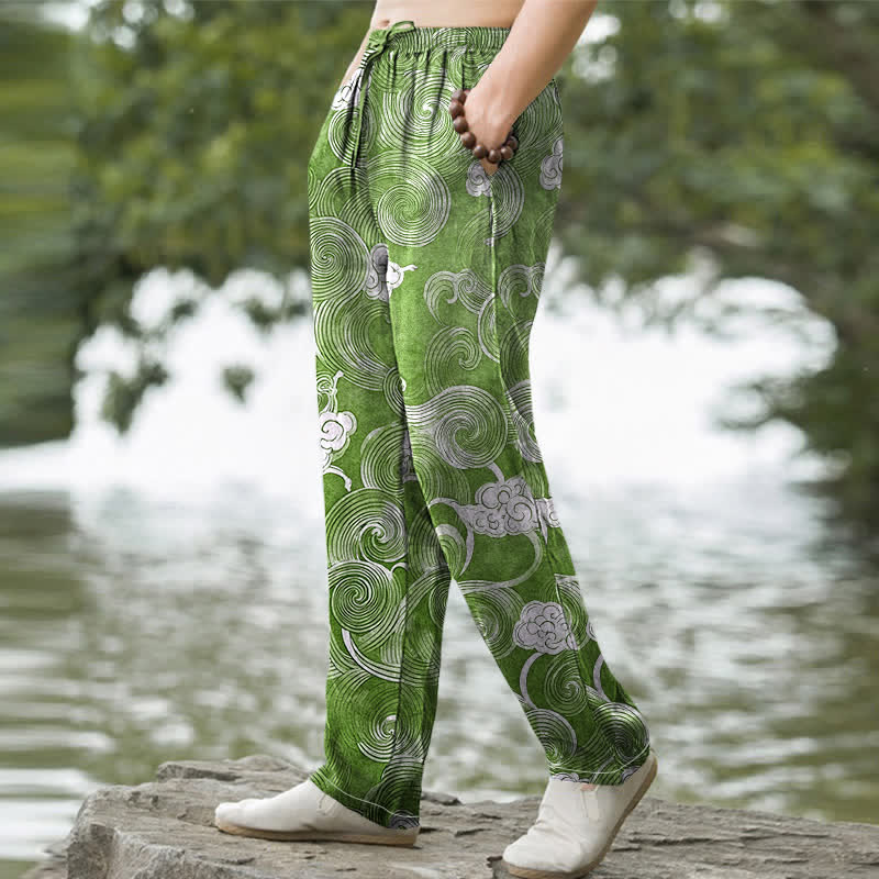 Nimara Ritual Cotton Cloud Wave Pattern Men's Tapered Pants With Pockets