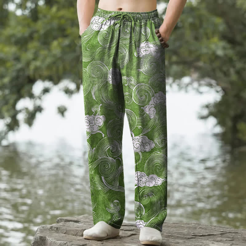 Nimara Ritual Cotton Cloud Wave Pattern Men's Tapered Pants With Pockets