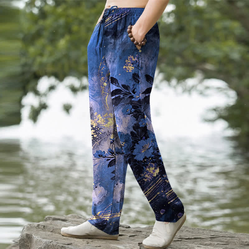 Nimara Ritual Cotton Floral Starlight Pattern Men's Tapered Pants With Pockets