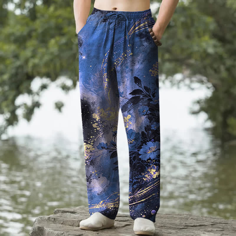 Nimara Ritual Cotton Floral Starlight Pattern Men's Tapered Pants With Pockets