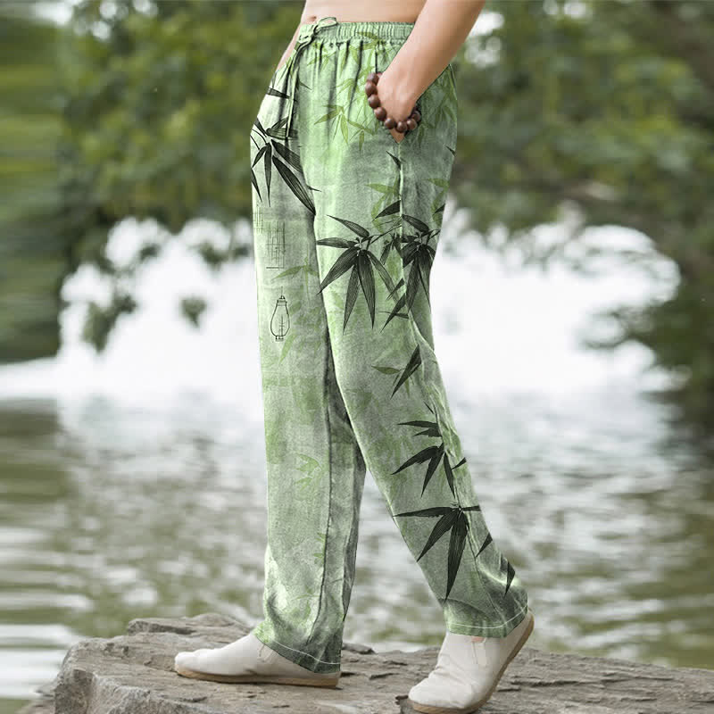 Nimara Ritual Cotton Ink Bamboo Leaf Pattern Men's Tapered Pants With Pockets