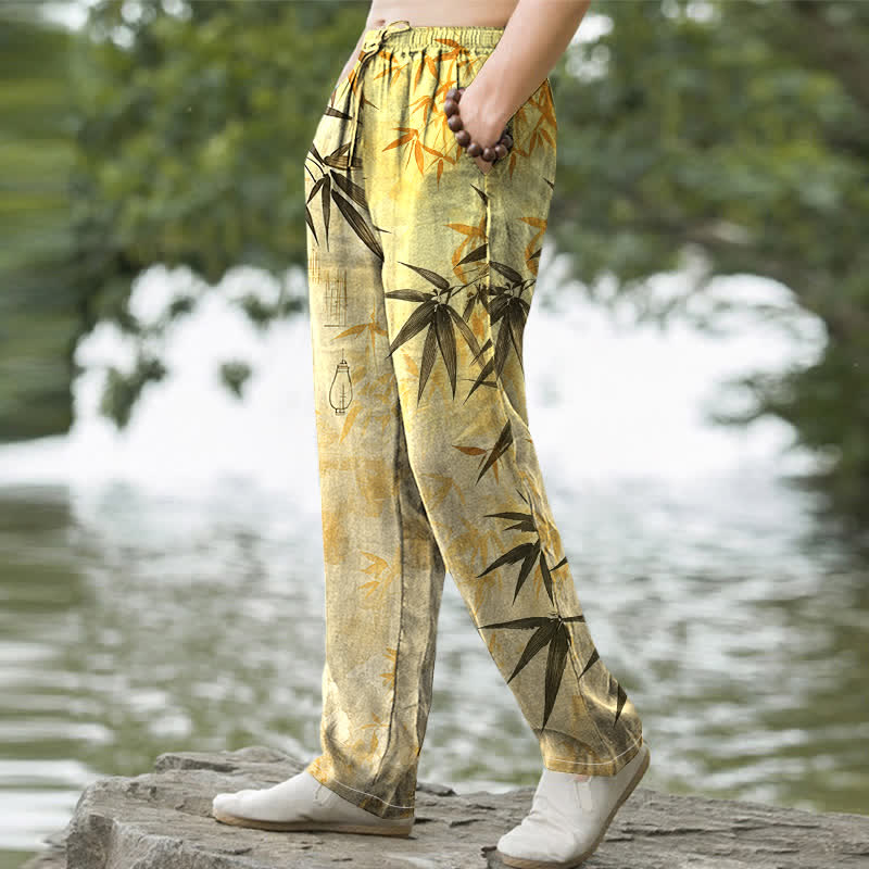 Nimara Ritual Cotton Ink Bamboo Leaf Pattern Men's Tapered Pants With Pockets