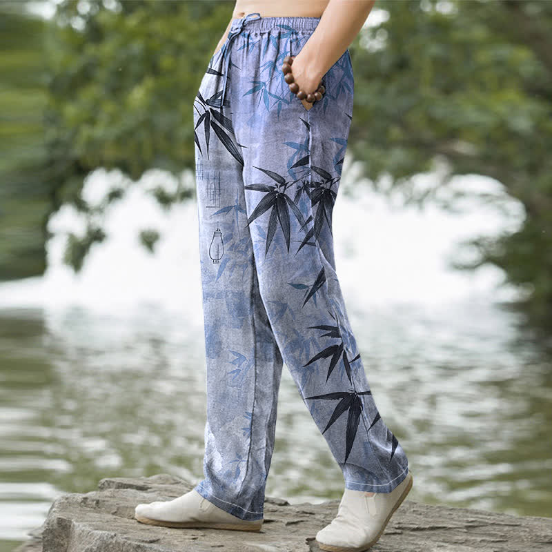 Nimara Ritual Cotton Ink Bamboo Leaf Pattern Men's Tapered Pants With Pockets