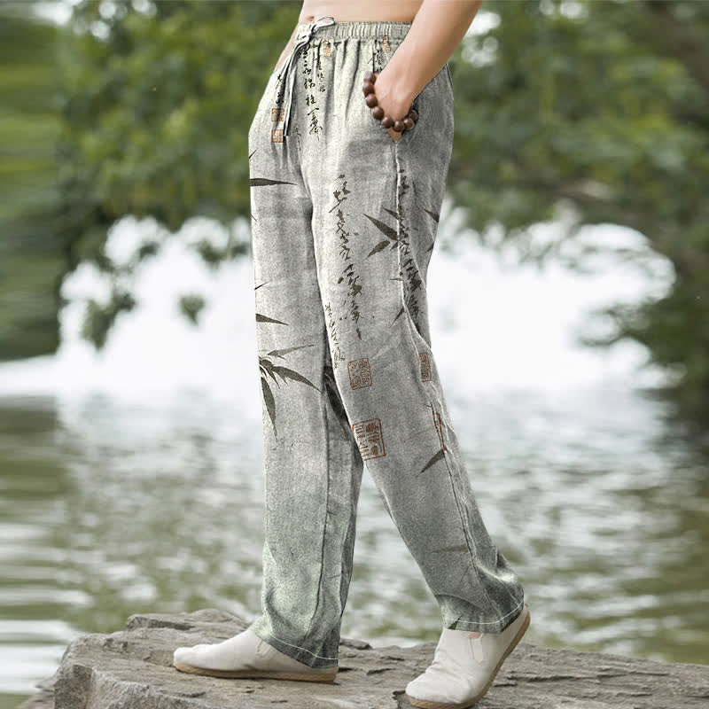 Nimara Ritual Cotton Ink Bamboo Leaf Pattern Men's Tapered Pants With Pockets
