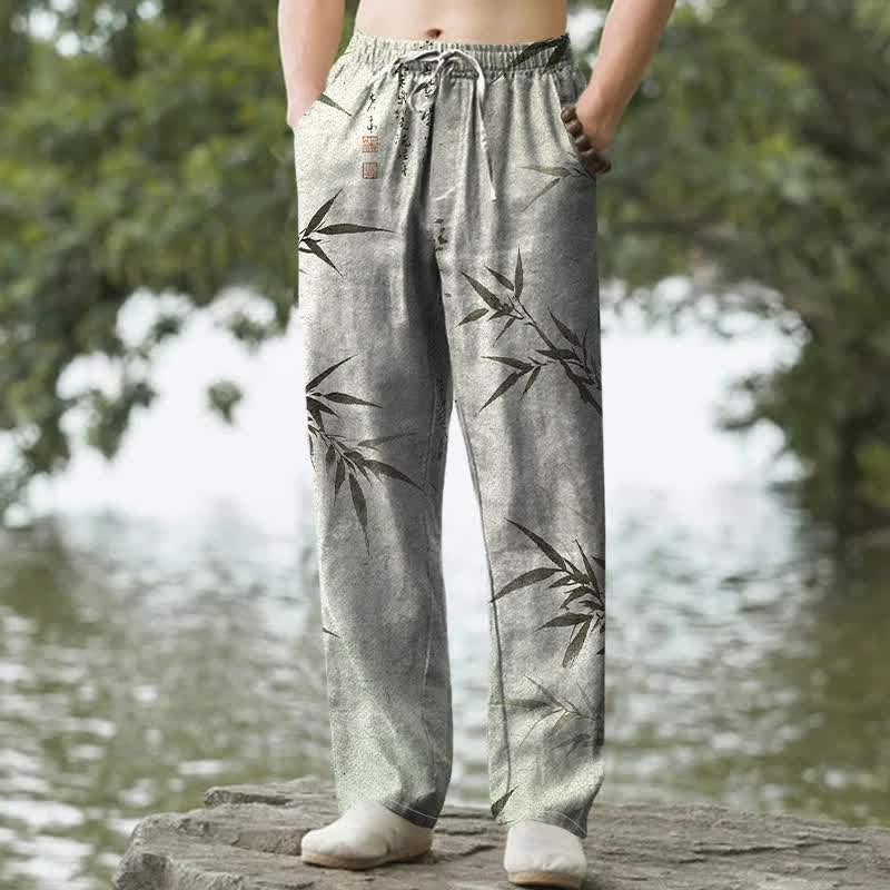 Nimara Ritual Cotton Ink Bamboo Leaf Pattern Men's Tapered Pants With Pockets