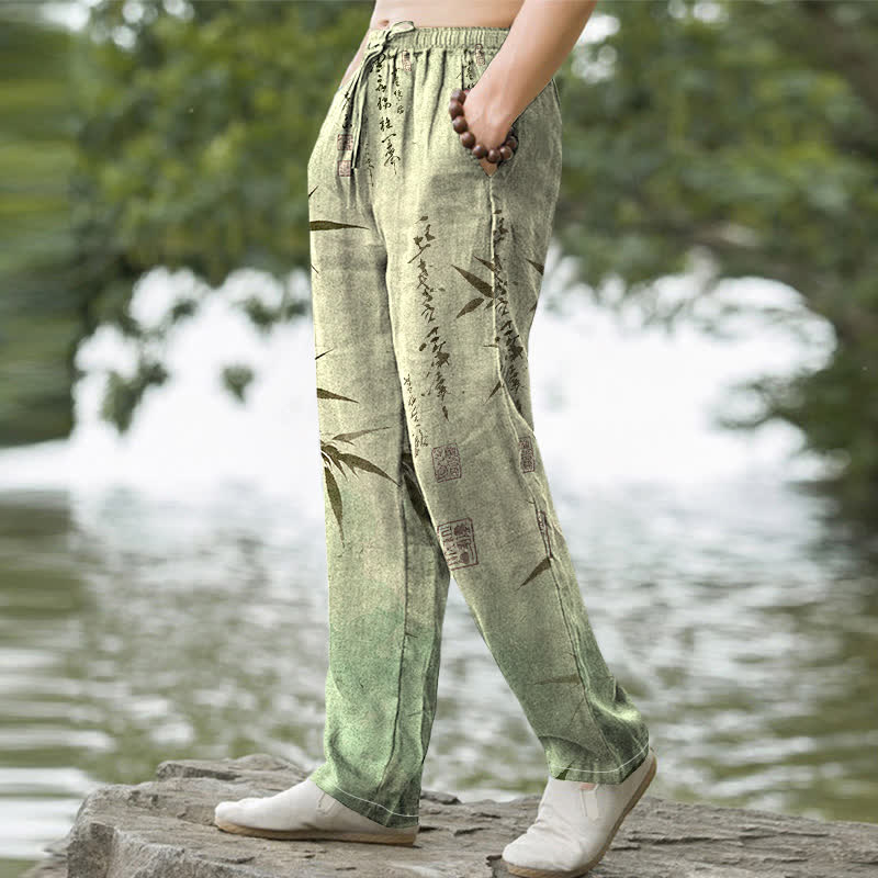 Nimara Ritual Cotton Ink Bamboo Leaf Pattern Men's Tapered Pants With Pockets