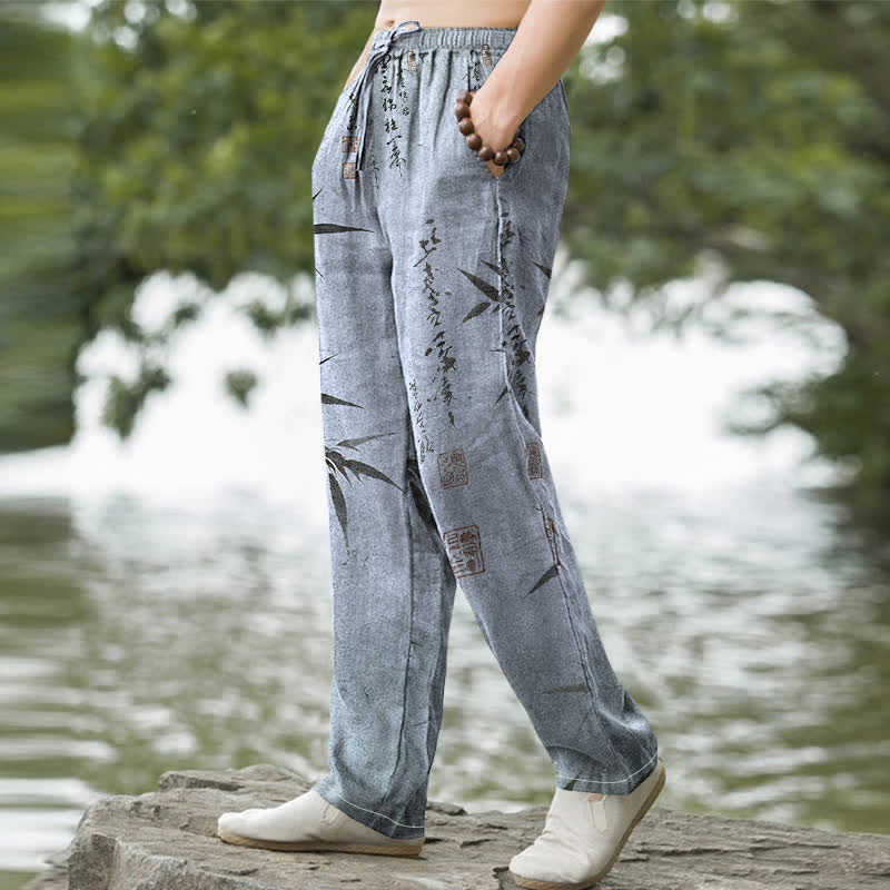 Nimara Ritual Cotton Ink Bamboo Leaf Pattern Men's Tapered Pants With Pockets