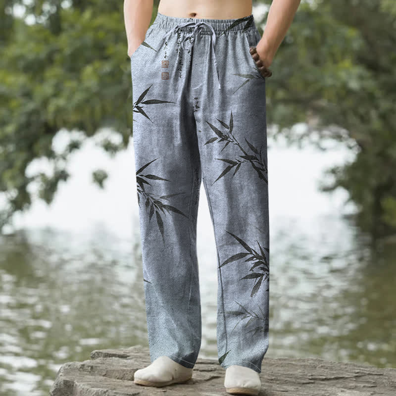 Nimara Ritual Cotton Ink Bamboo Leaf Pattern Men's Tapered Pants With Pockets